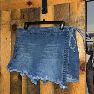 Denim Wrap Shorts with Frayed Hem